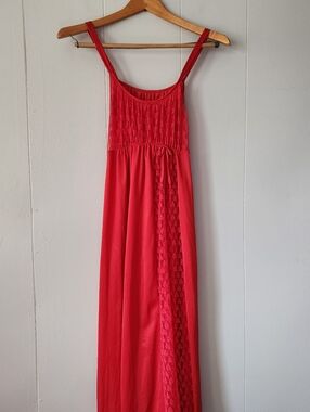 Rare Vintage 1960s Red Lace Nylon Nightgown Hollywood Glam Full Slip Dress S